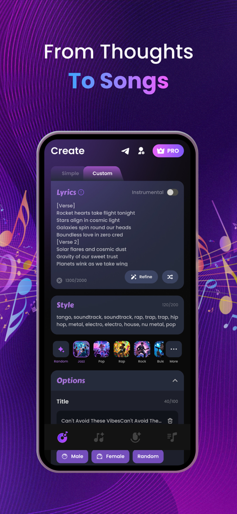 Sondo app interface showing AI music creation with custom lyrics and style selection.