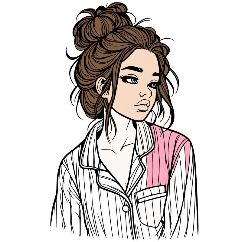 realistic woman with pajamas on and a messy bun