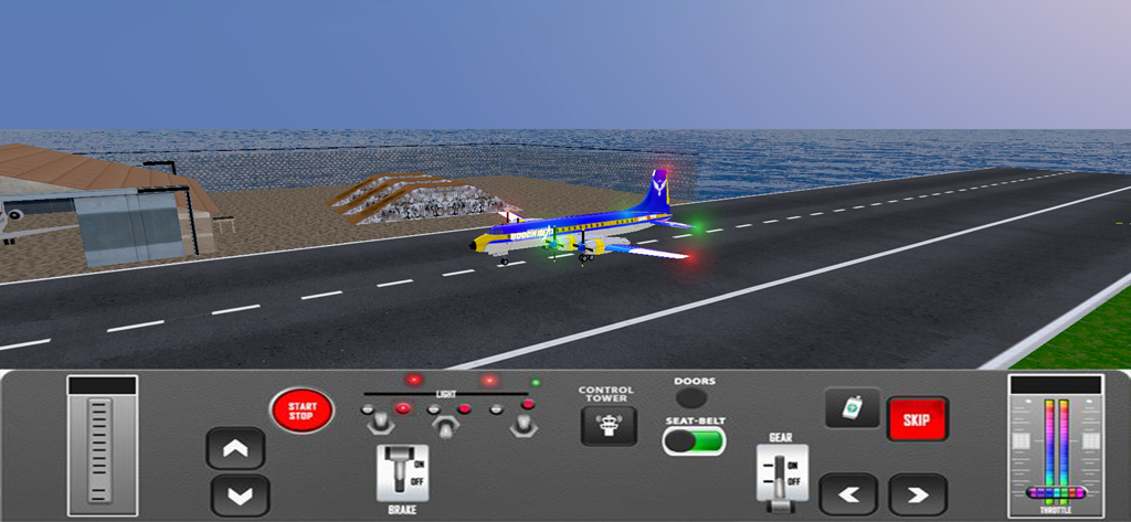 Airplane Simulator Flying Game - Un avión bimotor azul y amarillo en una pista con un panel de control de vuelo de juego móvil