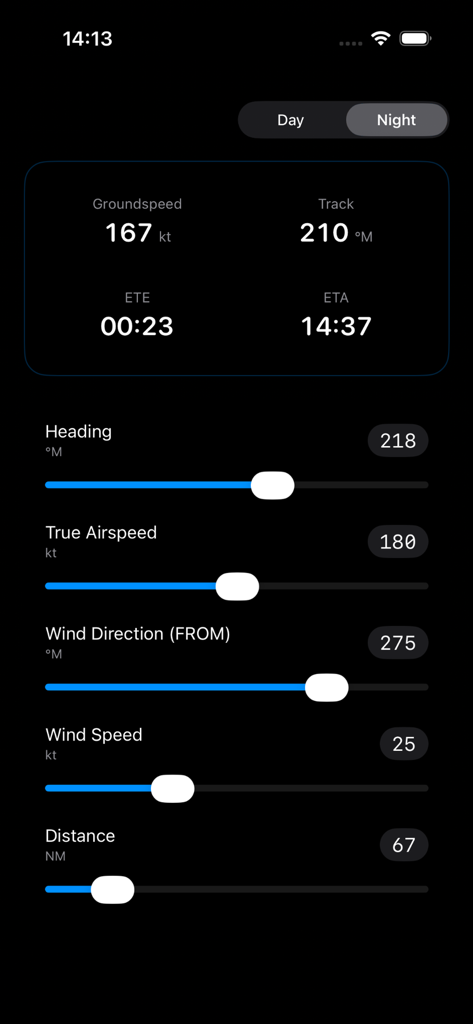 Interface de l'application ETA Flight Calculator en mode nuit avec des curseurs de données d'aviation