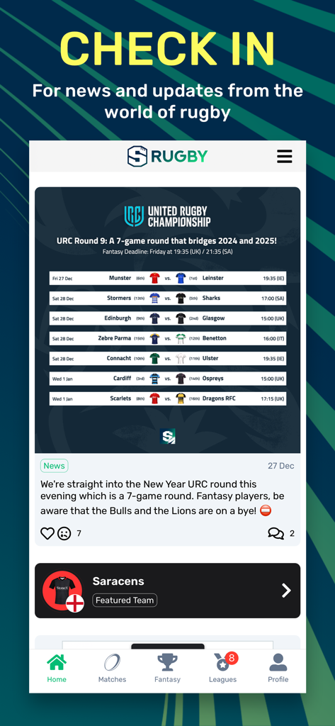 Superbru Rugby app home screen showing United Rugby Championship match fixtures and news