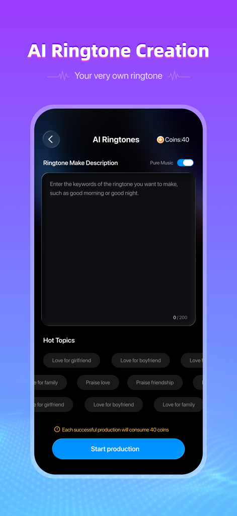 Interfaz de la aplicación AudioSnap para la creación de tonos de llamada con IA a partir de palabras clave de texto