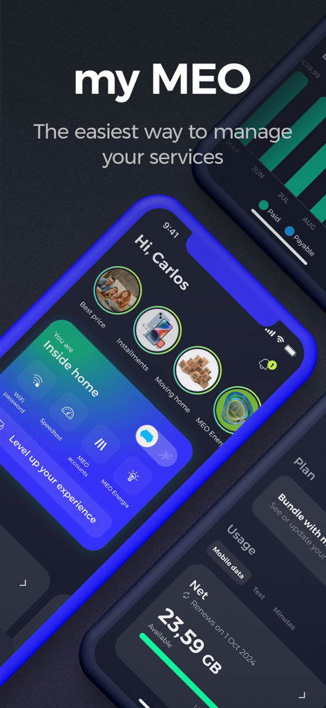 Interfaccia dell'app my MEO che mostra le funzionalità di gestione dei servizi, il monitoraggio dell'utilizzo dei dati e la cronologia delle fatture.