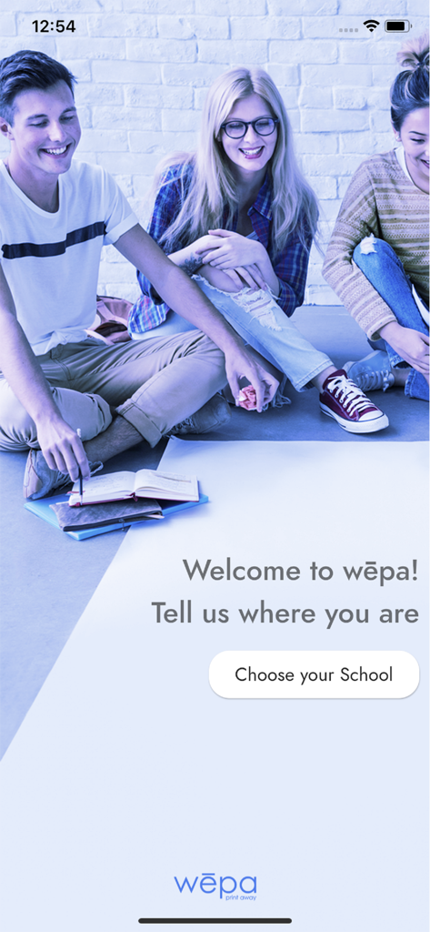 Wepa Print - Wepa Printアプリのウェルカムスクリーン。学生が表示され、学校を選択するボタンがあります。