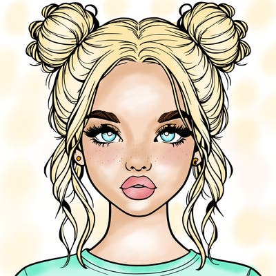 realistic girl with two buns in hair and lips