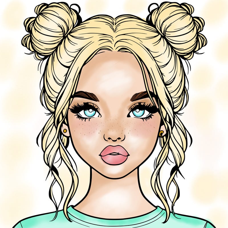 realistic girl with two buns in hair and lips