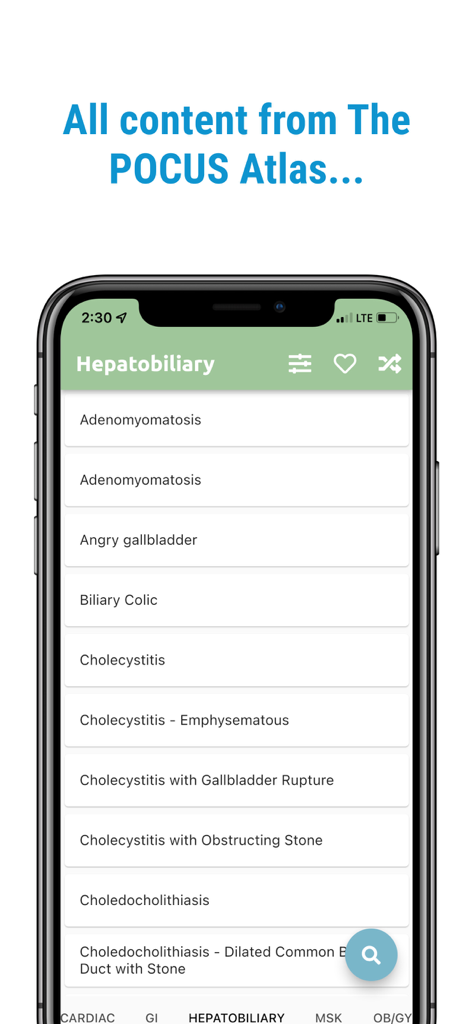 A screenshot of The POCUS Atlas mobile app showing a list of hepatobiliary medical conditions