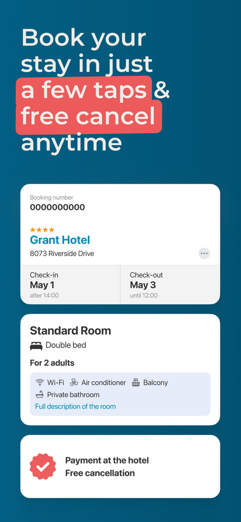 ZenHotels app interface showing hotel booking details and free cancellation option.
