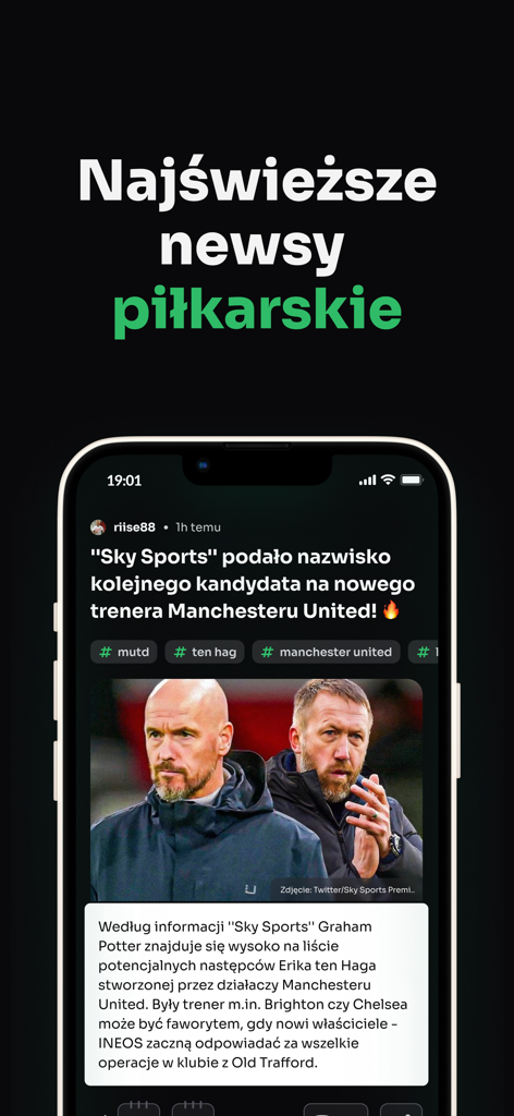 Fangol: Piłka Nożna & Newsy - Ein Smartphone, das die neuesten Fußballnachrichten in der polnischen Fangol-App zeigt