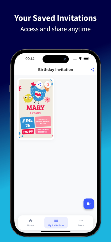 Birthday Invitation Easy 2025 - Pantalla de aplicación móvil que muestra una invitación guardada para el segundo cumpleaños de Mary con opciones para compartir y eliminar