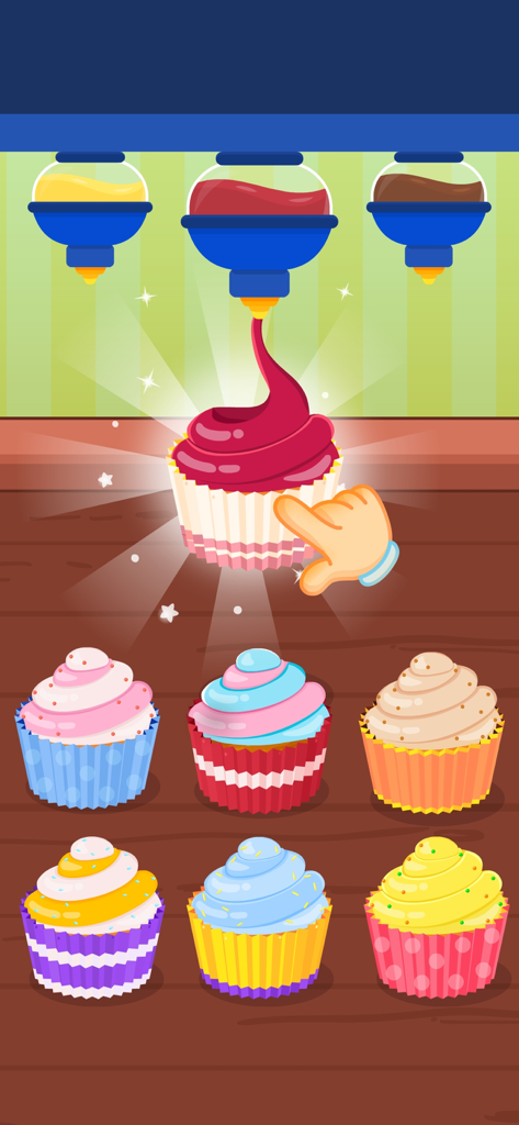 Donut Maker Games for Kids 4-5 - Children's game interface for decorating colorful cupcakes with frosting dispensers.