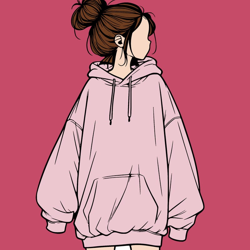 realistic girl with a oversized sweatshirt on and a bun