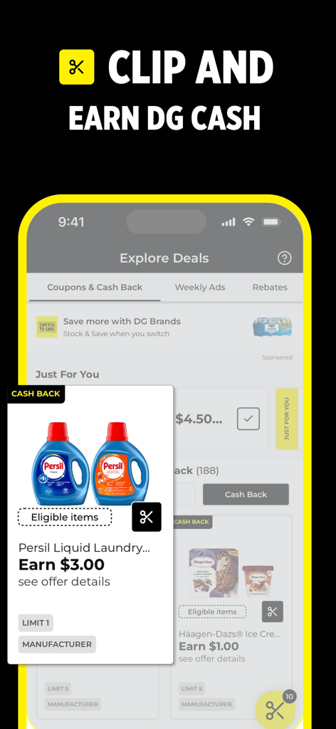 Dollar General app interface showcasing digital coupons and cash back offers for household essentials
