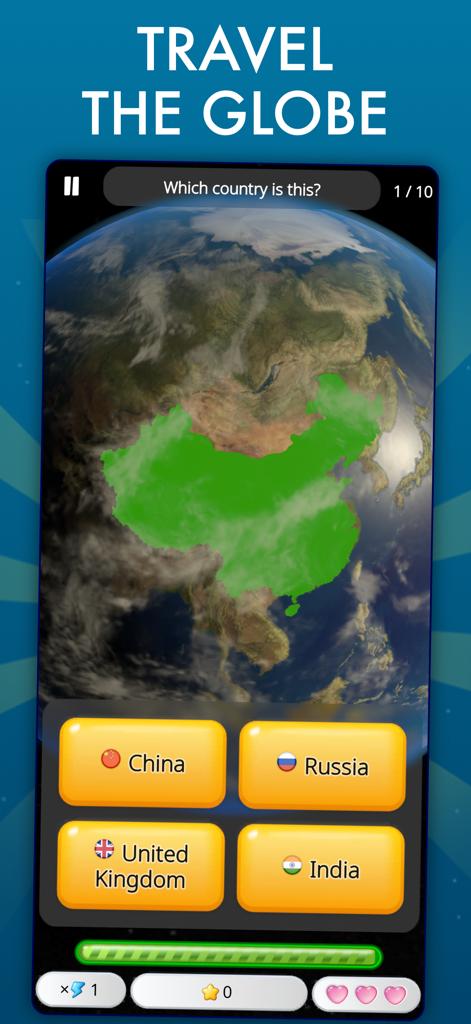 World Geography Trivia Quiz - Pantalla del cuestionario de geografía mundial mostrando un globo 3D con China resaltada y opciones de respuesta múltiple
