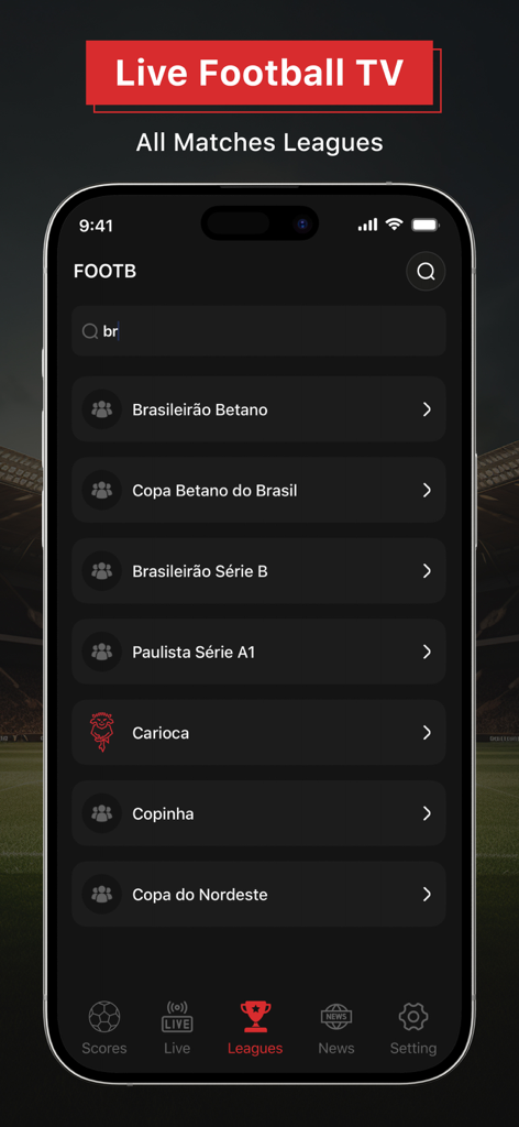 Streaming HD: Live Football TV - Interfaz de la aplicación Streaming HD Live Football TV mostrando una lista de búsqueda de varias ligas de fútbol.
