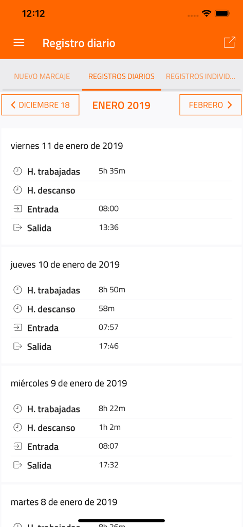 Portal del empleado - RRHH - Daily work registry screen in the Portal del empleado app showing clock-in and clock-out times