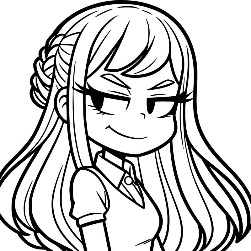 a girl with long hair, smirk on face