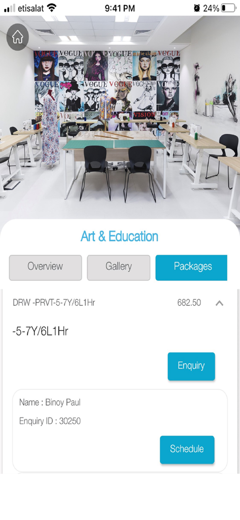 Sharjah Ladies Club - Sharjah Ladies Club app Art and Education screen showing booking options and a fashion studio