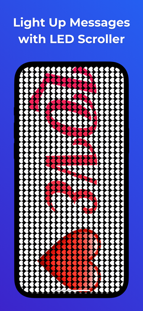 LED Scroller: Ledify - Pantalla de iPhone que muestra la aplicación Ledify con un banner deslizante que deletrea Love usando puntos de LED en forma de corazón rojos y blancos