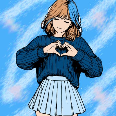 realistic girl in sweater and skirt making a heart with her hands