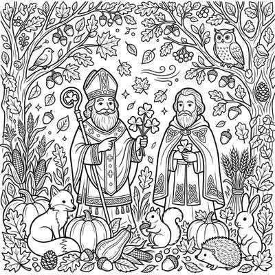 Discover a captivating coloring page where St. Patrick figures meet the beauty of autumn. This intricate design features shamrocks, woodland animals, and a bountiful harvest scene, perfect for a relaxing creative session.