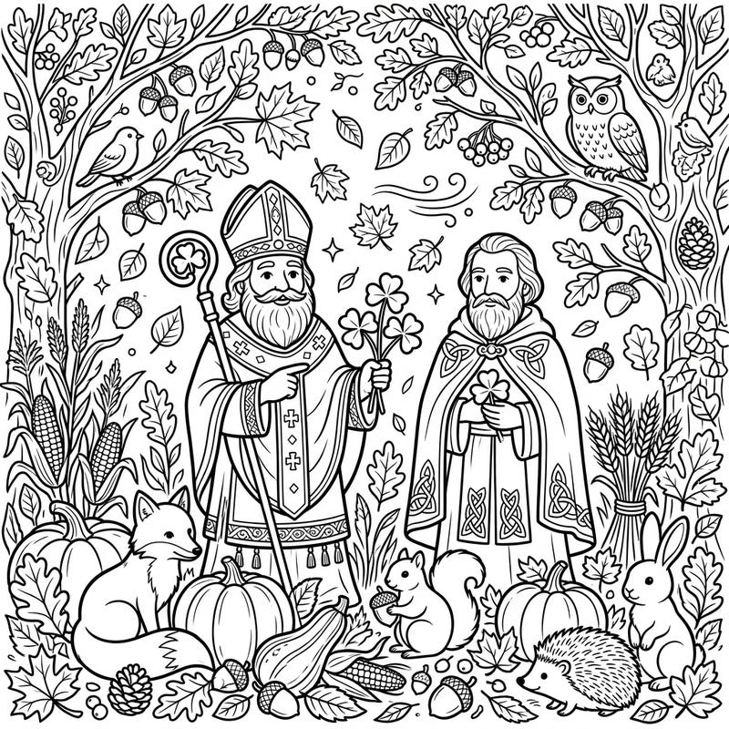 Discover a captivating coloring page where St. Patrick figures meet the beauty of autumn. This intricate design features shamrocks, woodland animals, and a bountiful harvest scene, perfect for a relaxing creative session.