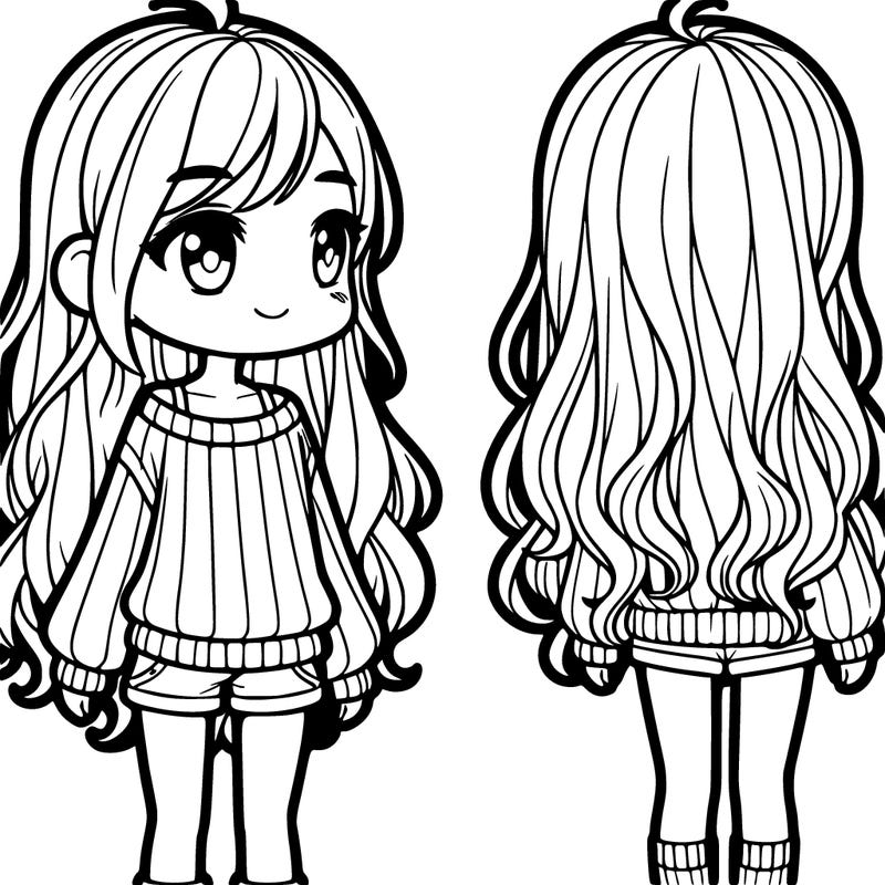 girl with long hair in a sweater and shorts