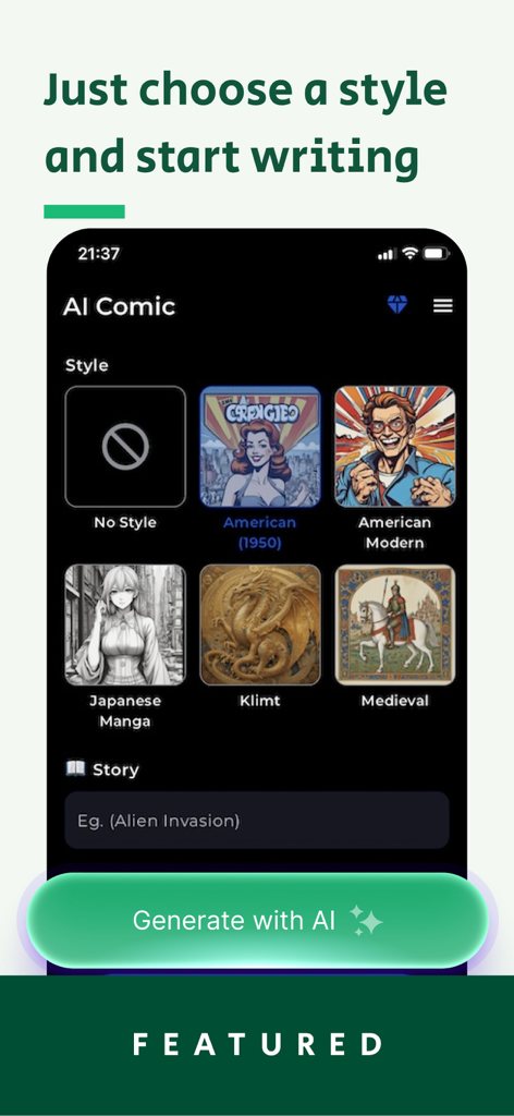 Interfaccia dell'app Generatore di Storie AI che mostra le opzioni per selezionare stili di fumetti come American 1950 e Manga Giapponese.