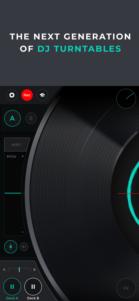 Mixfader dj app - A close up of the virtual DJ turntable interface on the Mixfader app showing pitch controls and deck options