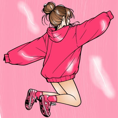 realistic girl jumping with a bun and oversized sweatshirt