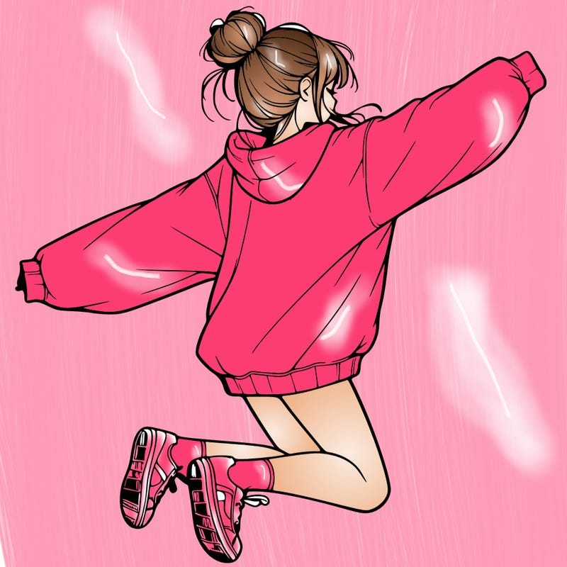 realistic girl jumping with a bun and oversized sweatshirt