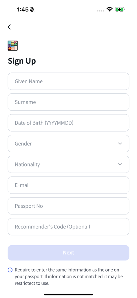 BUSAN Pay - Sign up page for the BUSAN Pay app with personal information and passport number fields