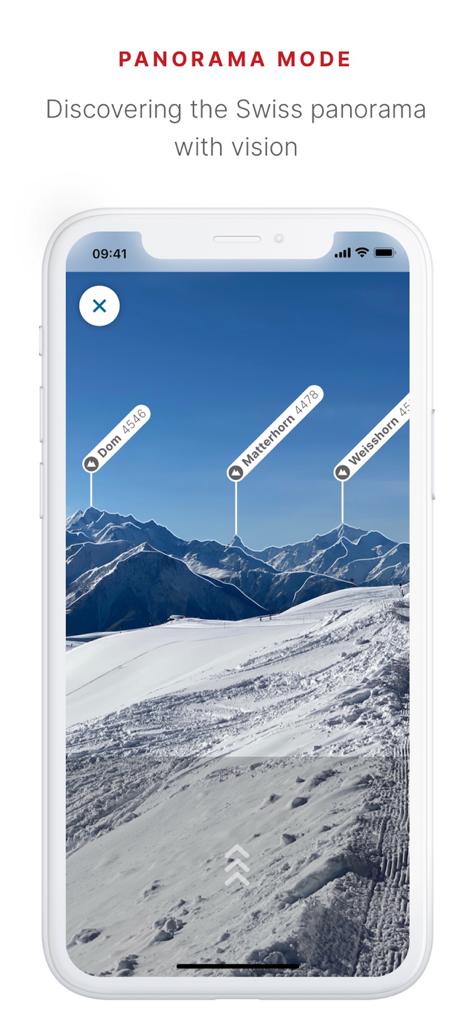 swisstopo - Smartphone montrant le mode panorama de l'application swisstopo avec des étiquettes pour les sommets suisses comme le Cervin.