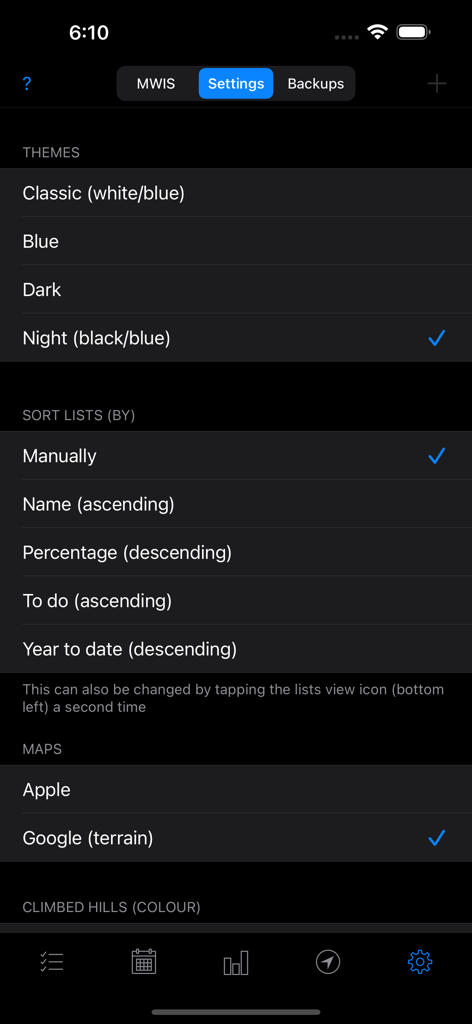 Hill Lists - Settings screen of the Hill Lists app showing options for themes, list sorting, and map provider selection.