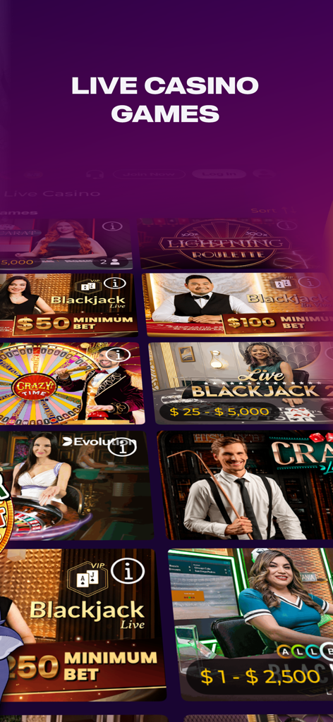 betPARX NJ - Mobile screen display of various live casino games including blackjack and roulette on the betPARX NJ app