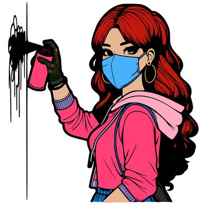 realistic girl with mask spray painting a wall