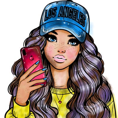 realistic beautiful girl wearing los ángeles cap holding an iphone