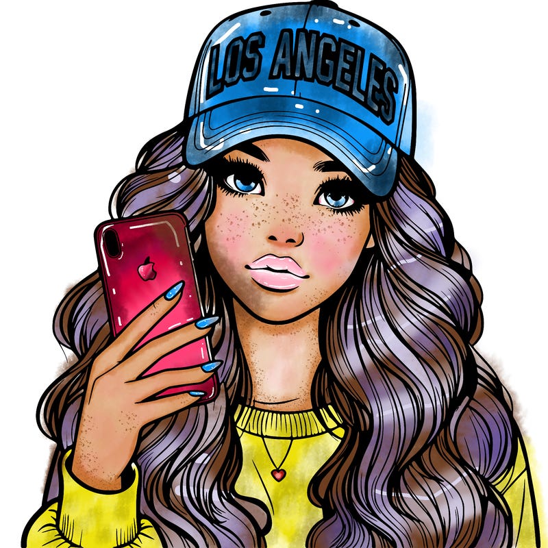 realistic beautiful girl wearing los ángeles cap holding an iphone