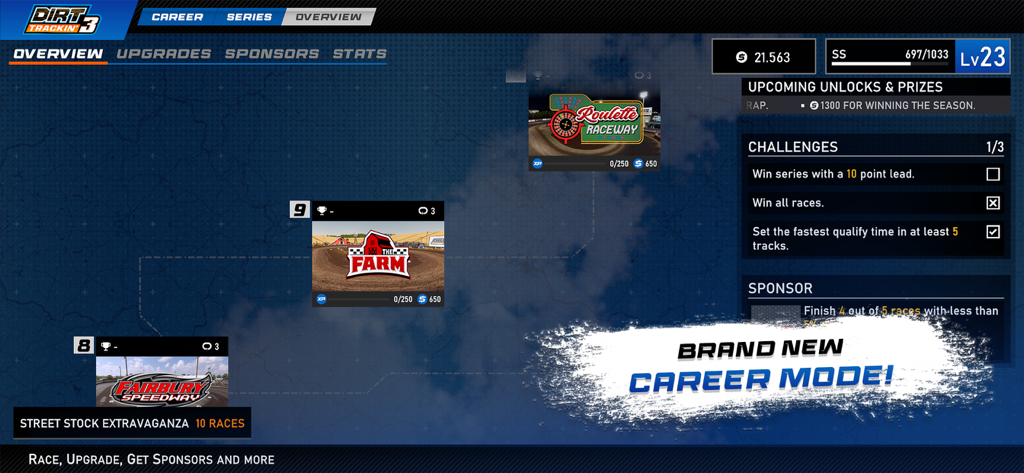 Dirt Trackin 3 - A screenshot showing the career mode overview in Dirt Trackin 3 with tracks and unlocks