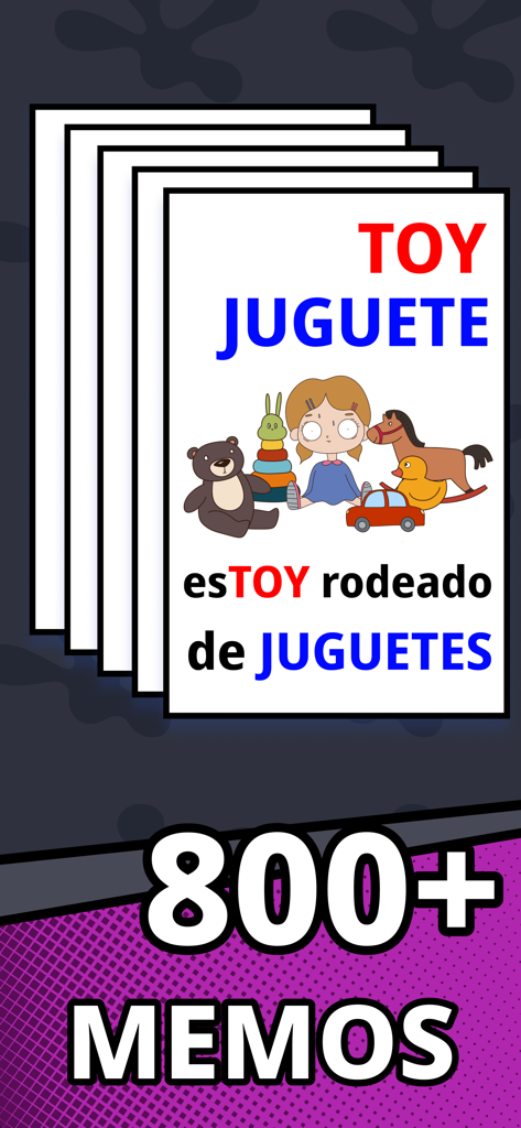 Easy Lizzy: English words - Visual association flashcard for the word Toy in the Easy Lizzy app with a count of 800 plus memos