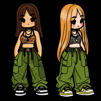 girl in baggy pants crop top and long hair