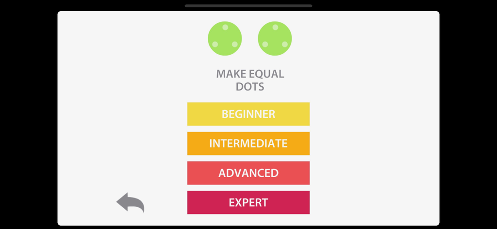 Dexteria Dots 2: Fine Motor - Level selection screen for the Make Equal Dots game showing four difficulty modes from Beginner to Expert.