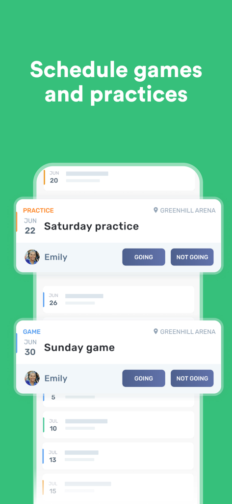 Heja - Mobile screen of Heja app showing a schedule of sports practices and games with RSVP options for players