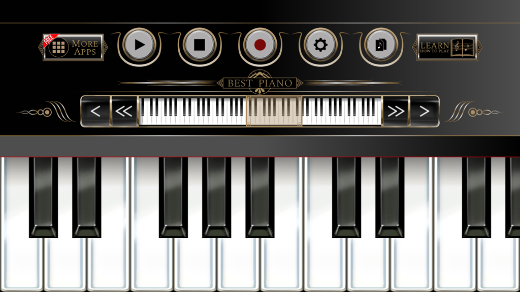 The Best Piano - Interface de teclado de piano virtual com controles de reprodução e gravação
