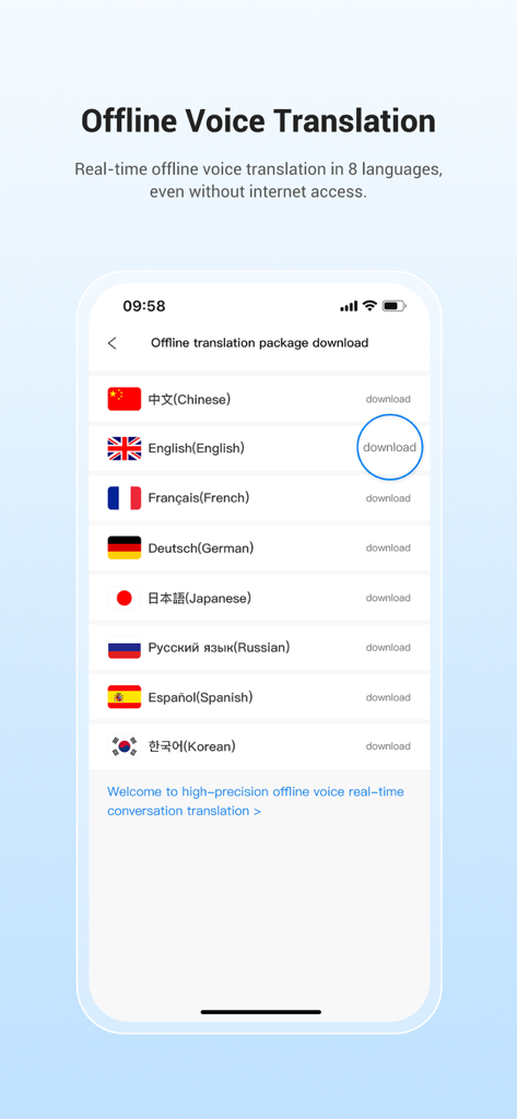 Interface of the Wooask app showing a list of downloadable offline voice translation language packs for English, Chinese, French, and others.