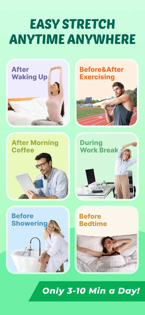 Stretch+Flexibility~Bend Flex - Un collage que muestra a personas estirando en varios escenarios diarios, como al despertar y trabajar, con el texto Estiramiento Fácil en Cualquier Momento y Lugar