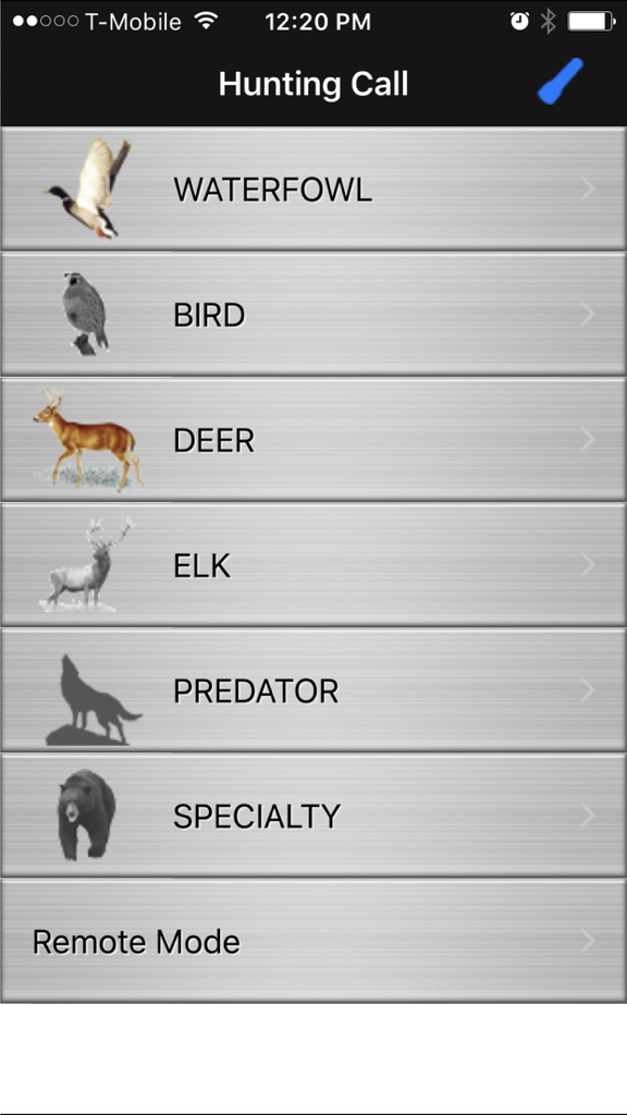 Hunting Call - Main menu of the Hunting Call app showing categories for waterfowl bird deer elk and predator sounds.