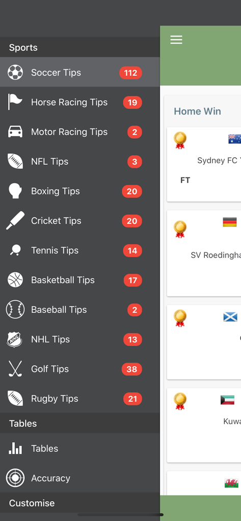 Interface showing the sidebar menu of the Star Sports Soccer Tips app with various sports betting categories and prediction counts