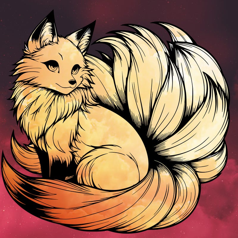 realistic detailed 9 tailed anime fox