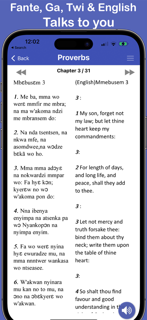 Screenshot of the Twi Ga Fante and English Bible app showing parallel reading mode with Proverbs chapter three in two languages